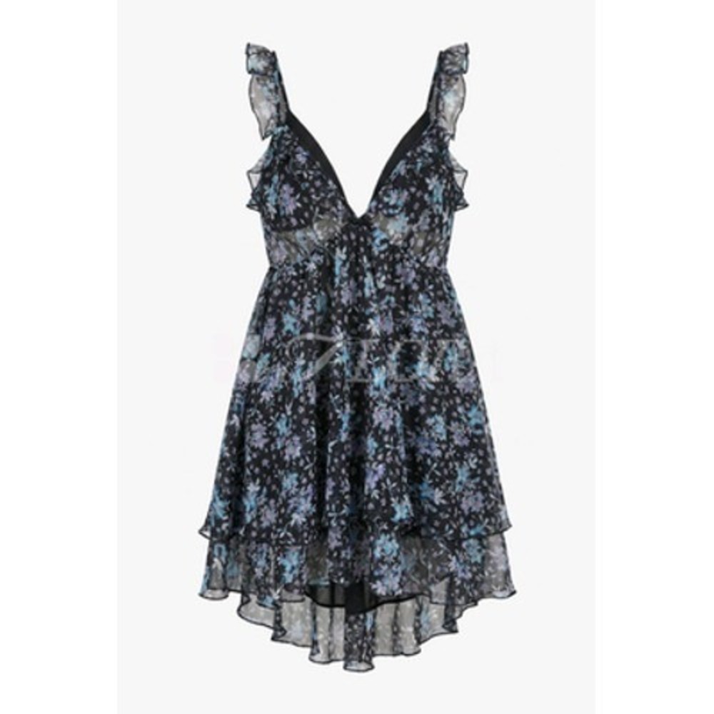 Victoria's Secret Babydoll Gown Women L Black Floral Chiffon Ruffle Sheer Tie